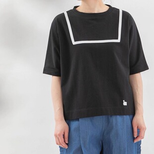 纯棉短袖 nop下摆刺绣天鹅高品质海军领文艺风时尚 新款 日系25夏季