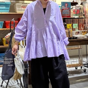 衬衫 日系25夏季 宽松长袖 新款 niko甜美设计不对称独特别致灯笼袖