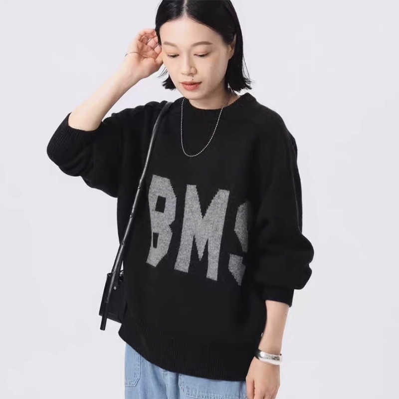 日系25秋新款beams boy提花字母休闲宽松百搭减龄洋气针织毛衣女