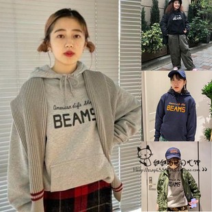 日系25秋冬BEAMS联名彩色字母情侣款 连帽卫衣休闲宽松男女上衣