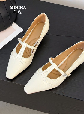 羊皮玛丽珍瓢鞋女软底气质法式复古时尚3cm小细跟广州一字扣船鞋