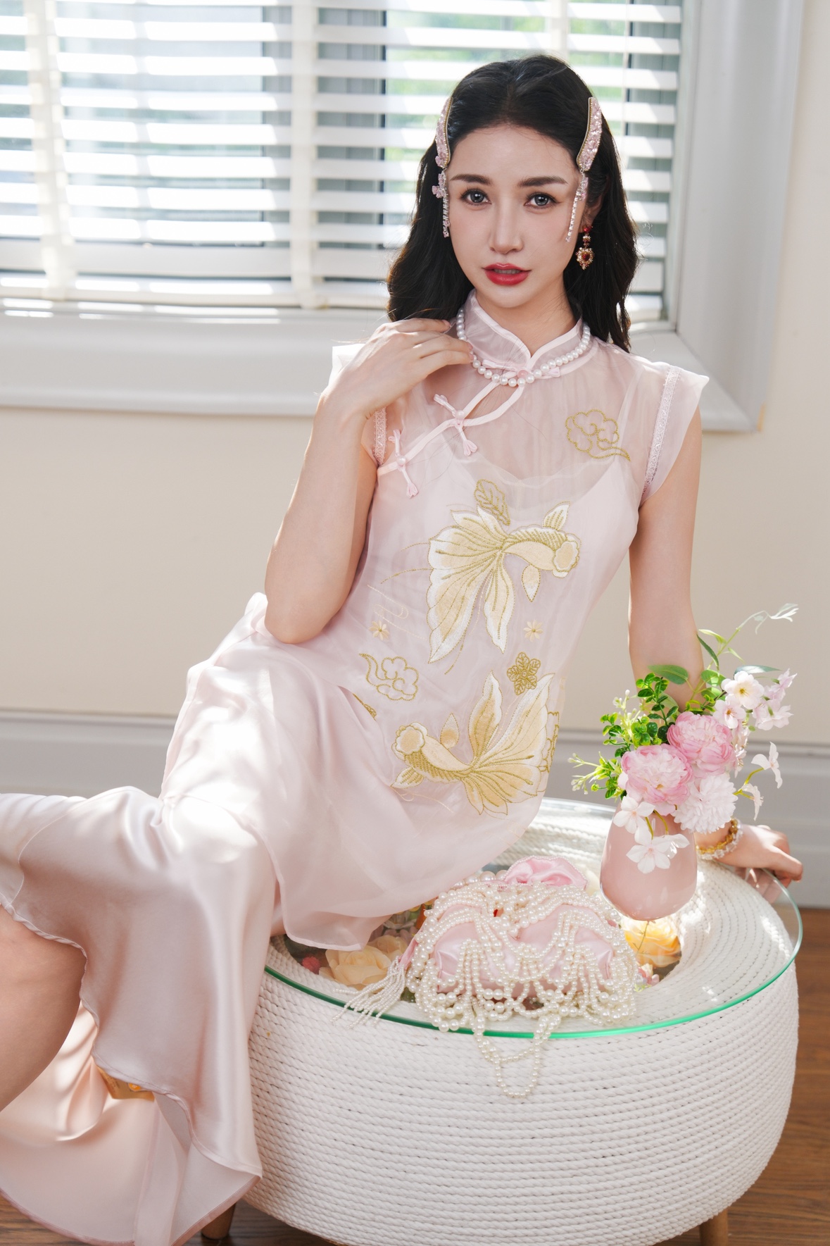 夏季新款新中式国风重工刺绣重磅醋酸高端定制款上衣+吊带长裙女