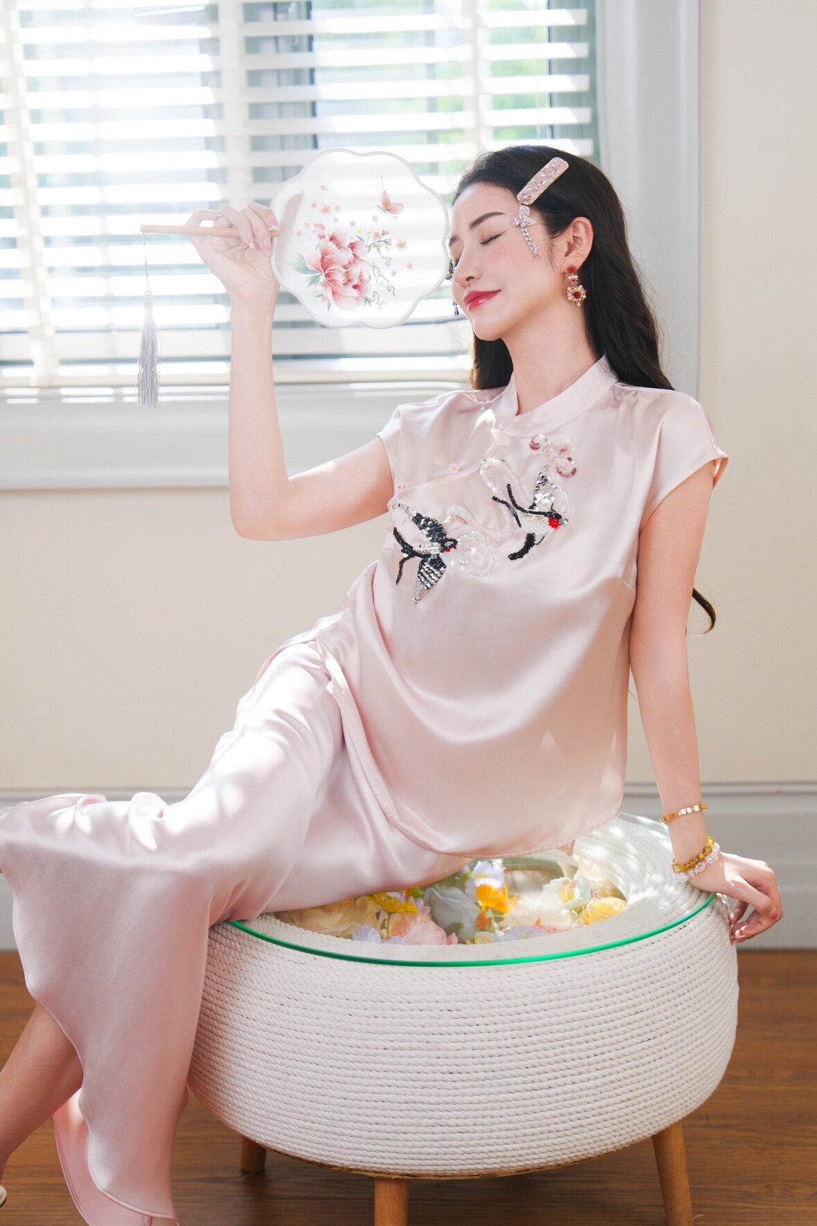 重磅醋酸印度丝刺绣发绣高端定制新中式国风套装女上衣+长半身裙