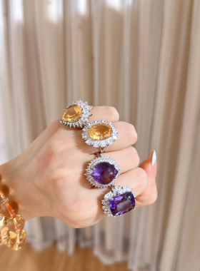 原创设计天然水晶戒指女款紫水晶戒指黄水晶戒指夸张款