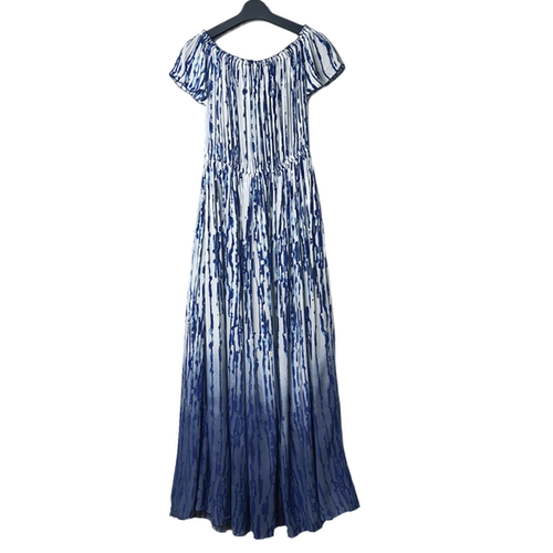 圣迪家优雅一字领印花短袖连衣裙