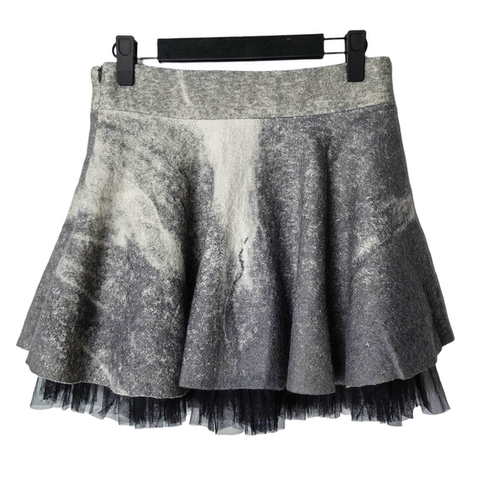 圣迪家优雅拼接网纱羊毛半身裙