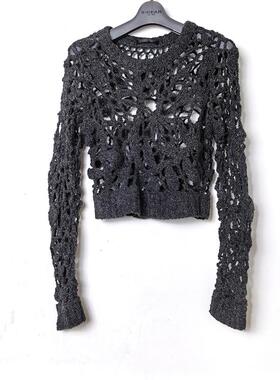 圣诞节正品折扣女士勾花镂空修身显瘦短款长袖针织衫含羊毛3517