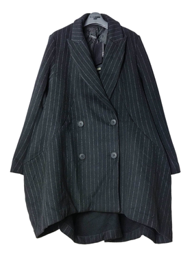 正品折扣女士小众设计斗篷式条纹西装领毛呢外套双排扣1873