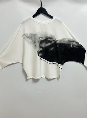 圣迪家女士圆领套头宽松水墨晕染下摆开衩蝙蝠针织衫T恤