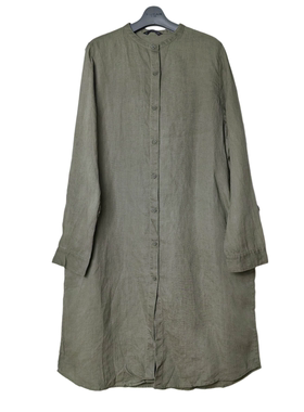 SD正品折扣女士复古风印花文艺宽松立领亚麻衬衫连衣裙0591