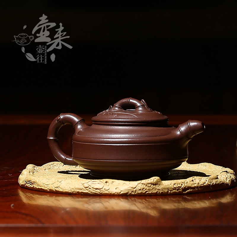 宜兴正品紫砂壶纯全手工 名家王海东 原矿紫泥 小双线竹鼓壶 茶壶