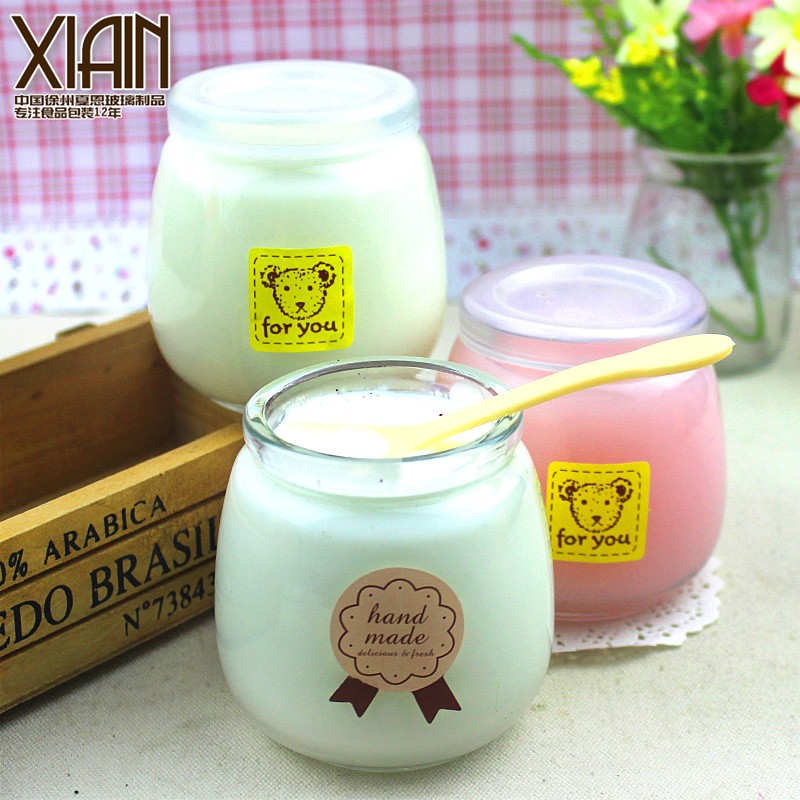 新款家用加厚透明酸奶杯玻璃瓶带盖密封罐子双皮奶杯可爱布丁瓶