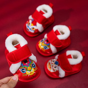 虎头鞋婴儿秋冬鞋子周岁鞋宝宝冬鞋婴幼儿加绒保暖鞋红色老虎头鞋