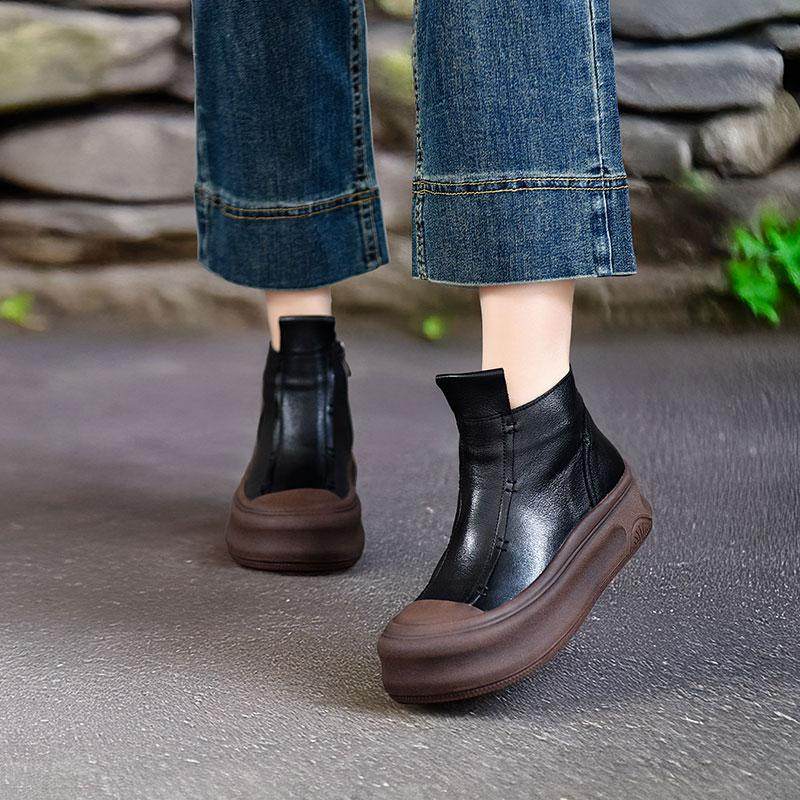 四起哥2025秋冬新款头层牛皮短靴女手工真皮厚底简约百搭骑士靴女,女鞋,时装靴,淘宝优惠券,粉丝福利购,淘宝优惠卷