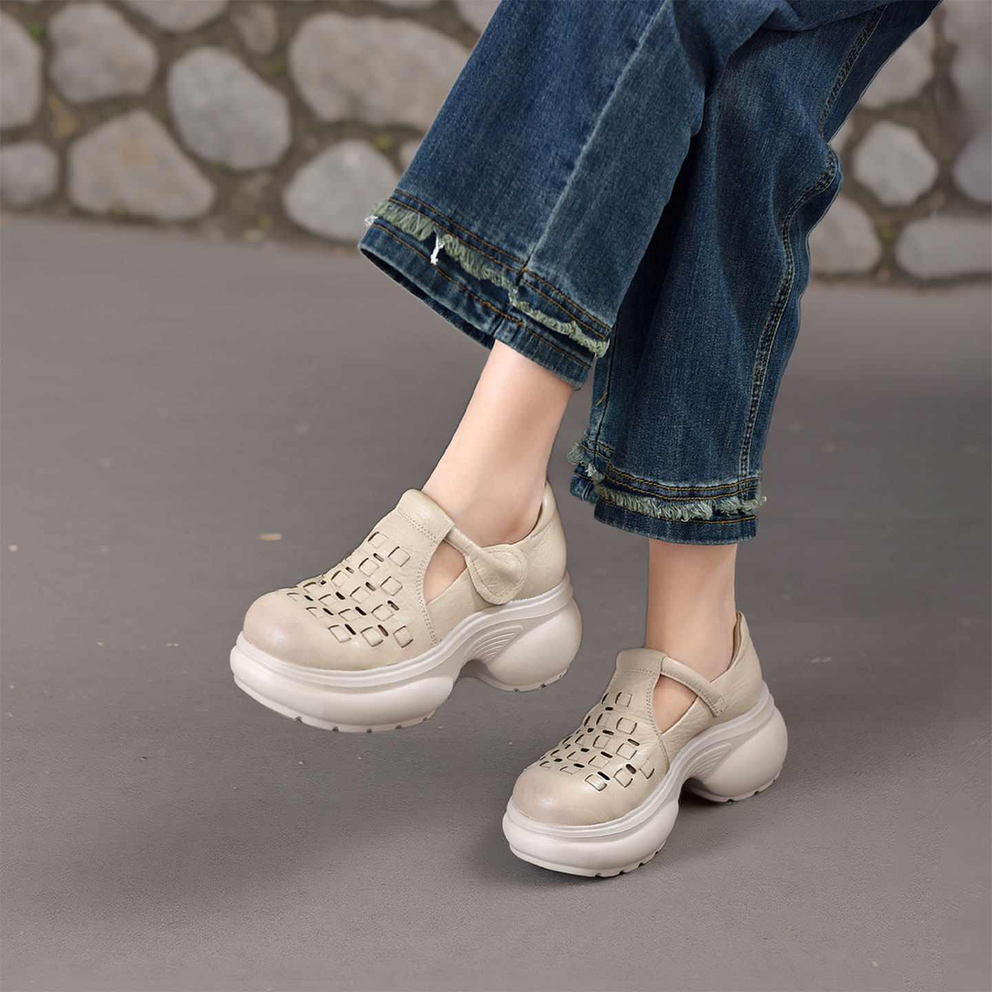 四起哥2026夏季轻奢手工真皮镂空罗马凉鞋女编织头层牛皮厚底舒适