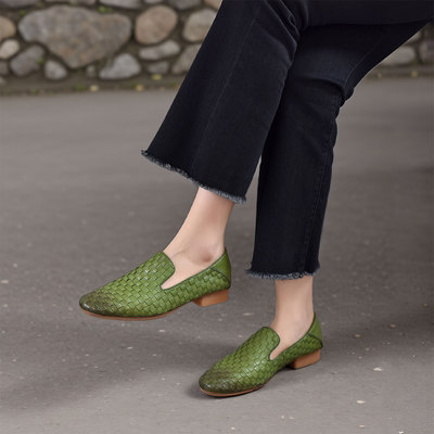 四起哥头层牛皮手工编织乐福鞋