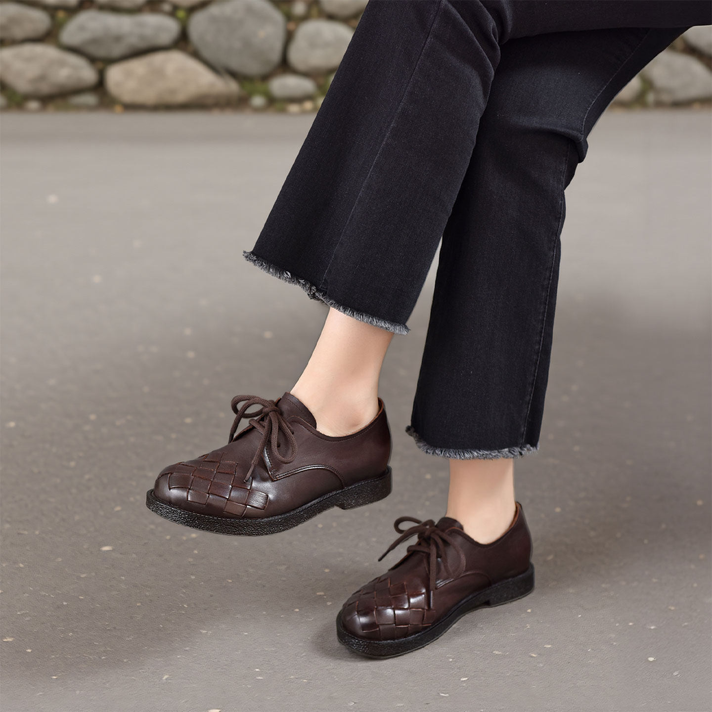 四起哥2026春季英伦风编织圆头深头层牛皮单鞋女复古系带小皮鞋潮,女鞋,深口单鞋,淘宝优惠券,粉丝福利购,淘宝优惠卷