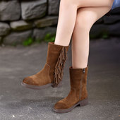 四起哥2025秋冬新款 磨砂牛皮流苏骑士靴女手工真皮轻奢中筒靴女靴