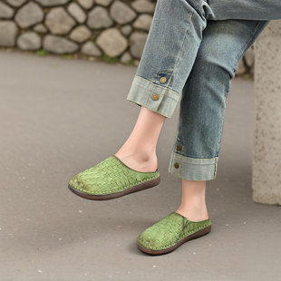 四起哥2026春夏头层牛皮复古风编织真皮包头拖鞋女平底舒适勃肯鞋