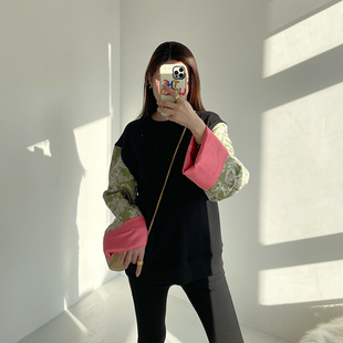 复古绸缎丝绣印花拼接撞色圆领宽松套头卫衣女上衣 中式 JILL LIU