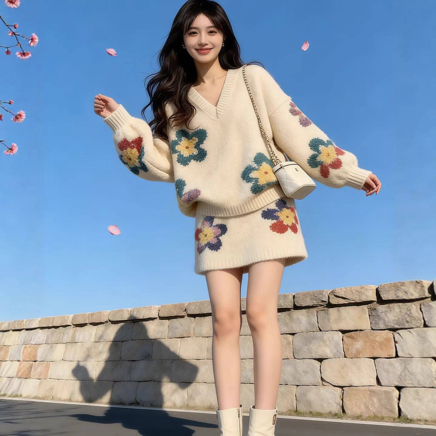 韩系绝美套装女秋冬季新款花朵V领针织衫毛衣半身裙小个子两件套,女装/女士精品,时尚套装,淘宝优惠券,粉丝福利购,淘宝优惠卷