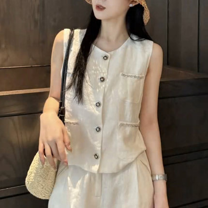 轻奢夏季女法式小香风马甲阔腿裤薄款亚麻马夹无袖背心上衣套装