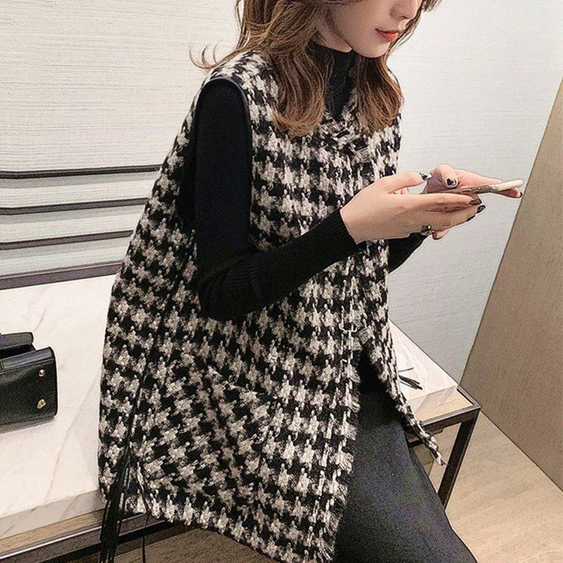 潮牌高端千鸟格子马夹女士宽松百搭无袖外套韩版新款背心坎肩马甲