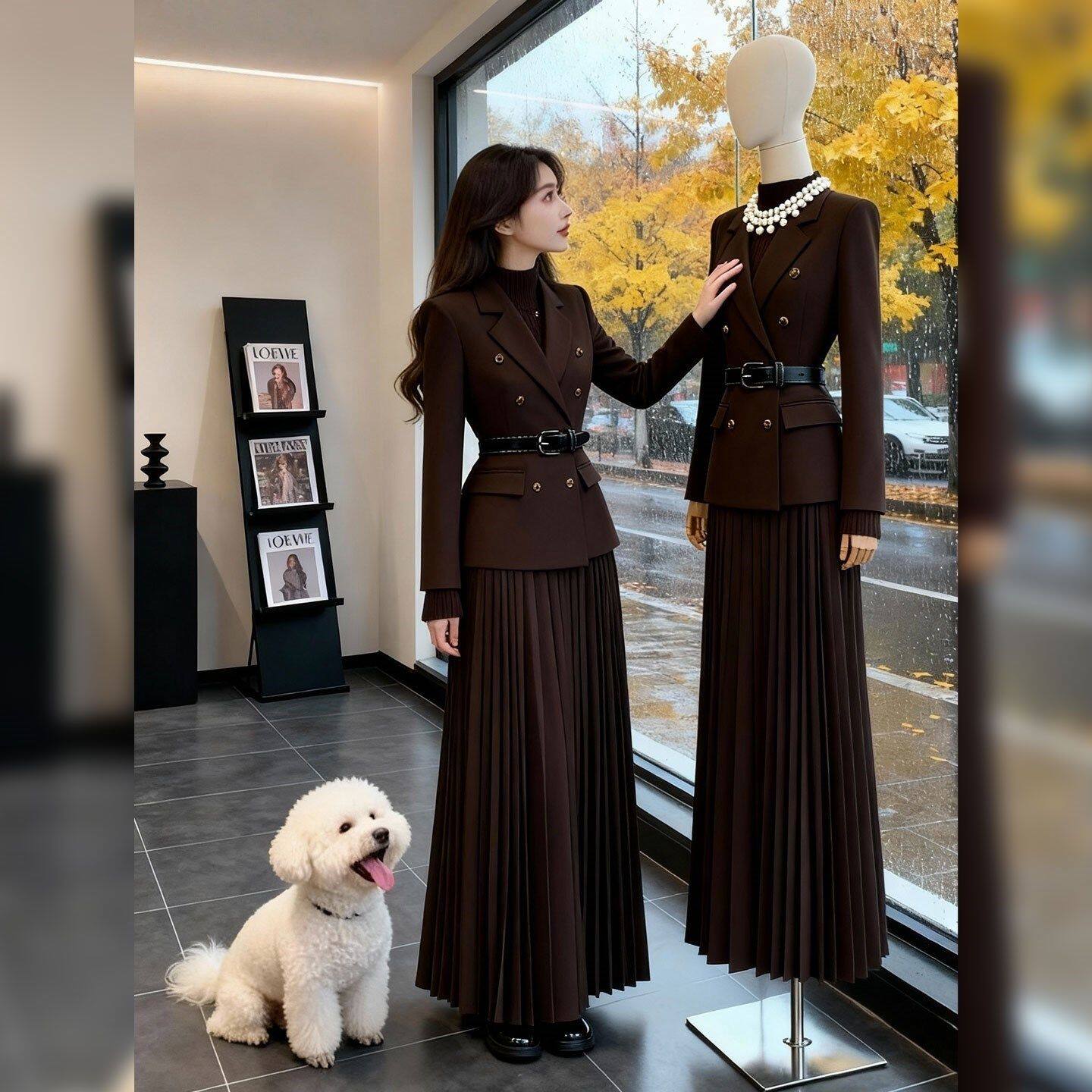 轻奢法式高级感职业风时尚潮流咖色西装上衣百褶裙子套装冬季新款