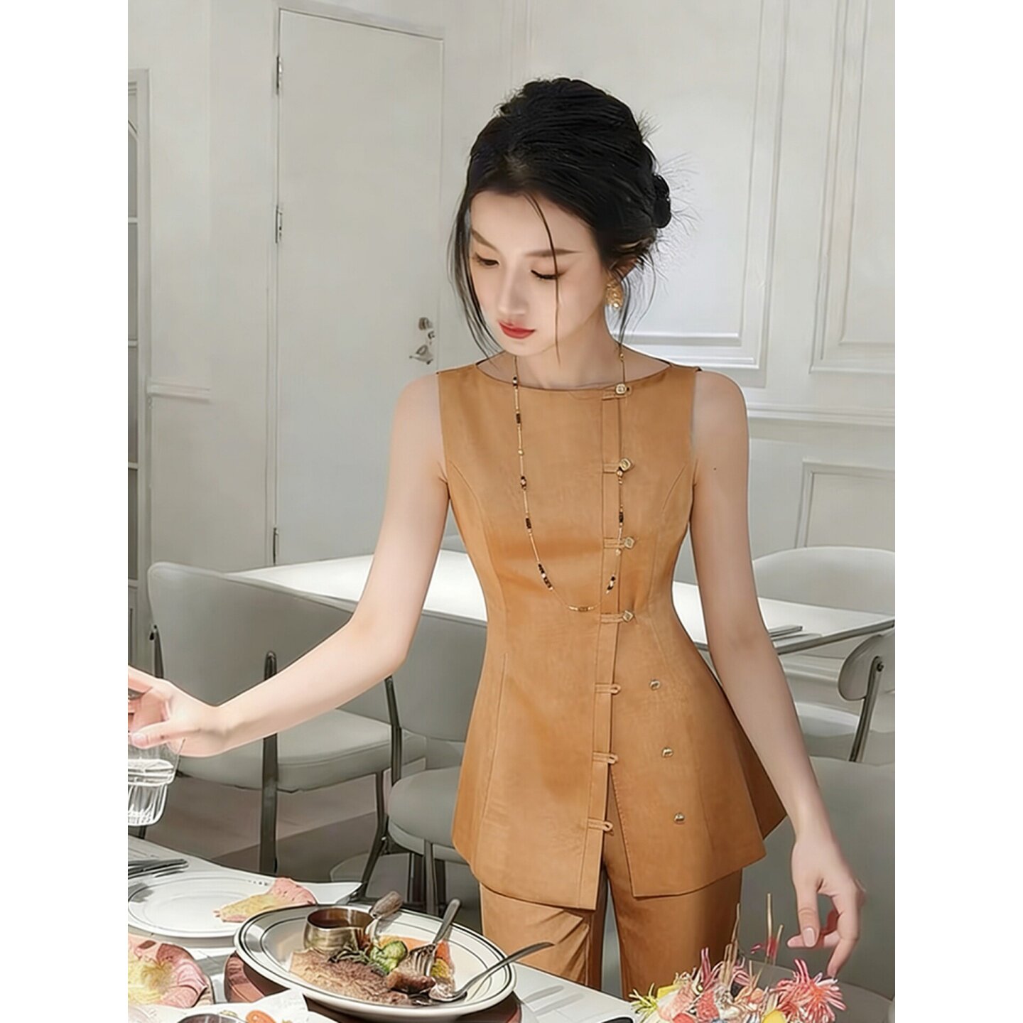 中式国风橘色无袖套装裤女夏