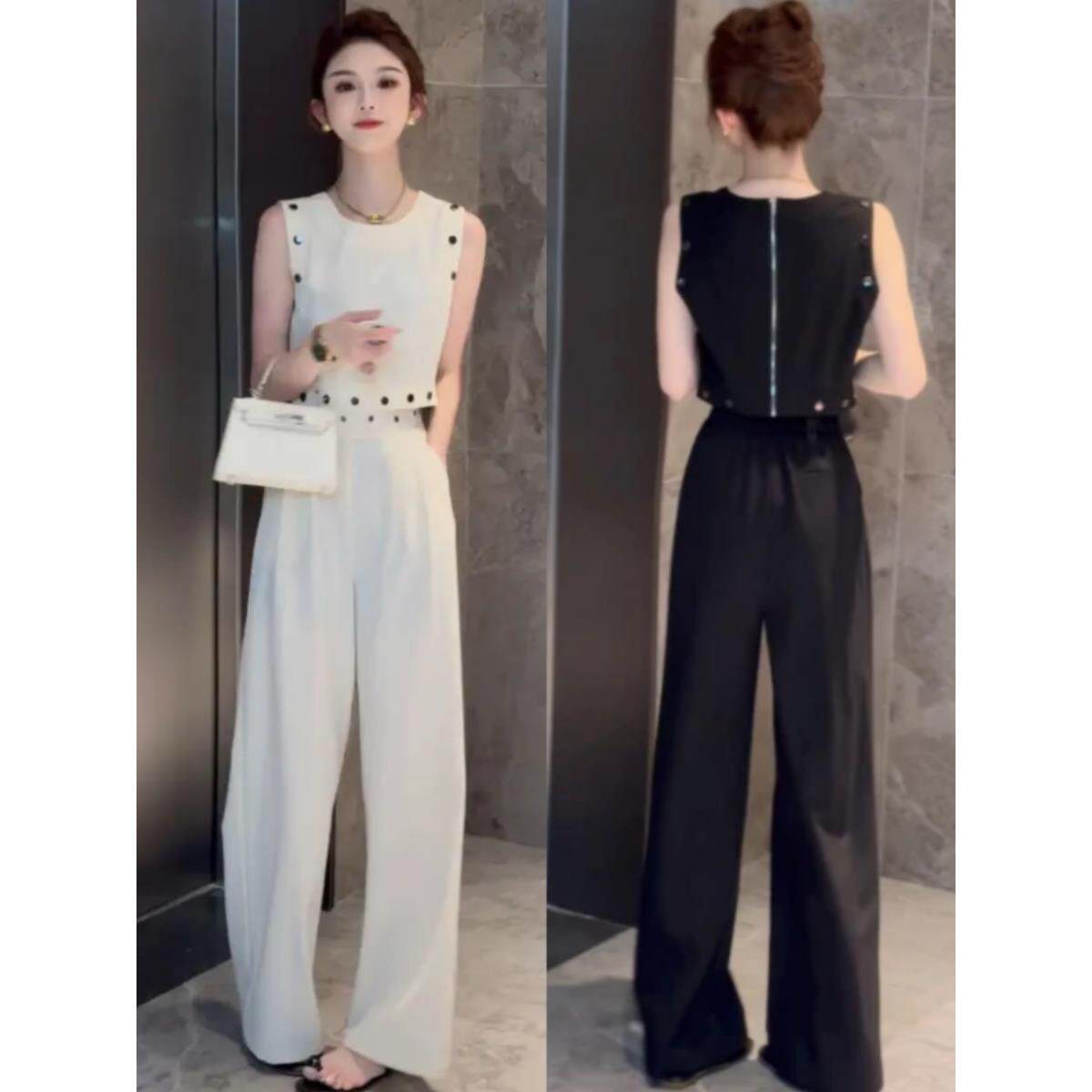 轻奢小香风时尚套装女夏季无袖上衣小个子显高休闲阔腿长裤两件套