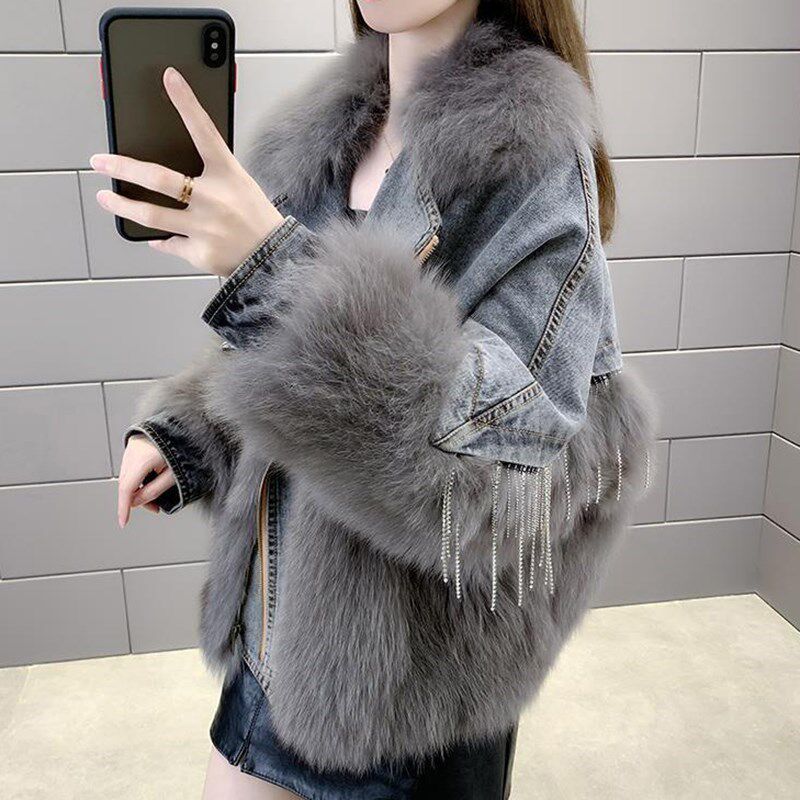 仿狐狸毛皮草女中长款派克服大衣