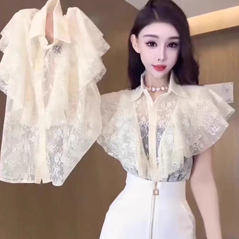 轻奢潮牌网纱蕾丝衫女夏宫廷风