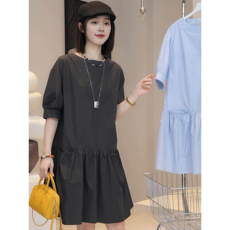 轻奢韩系减龄圆领短袖衬衫裙女夏季新款大码胖MM显瘦高级感连衣裙