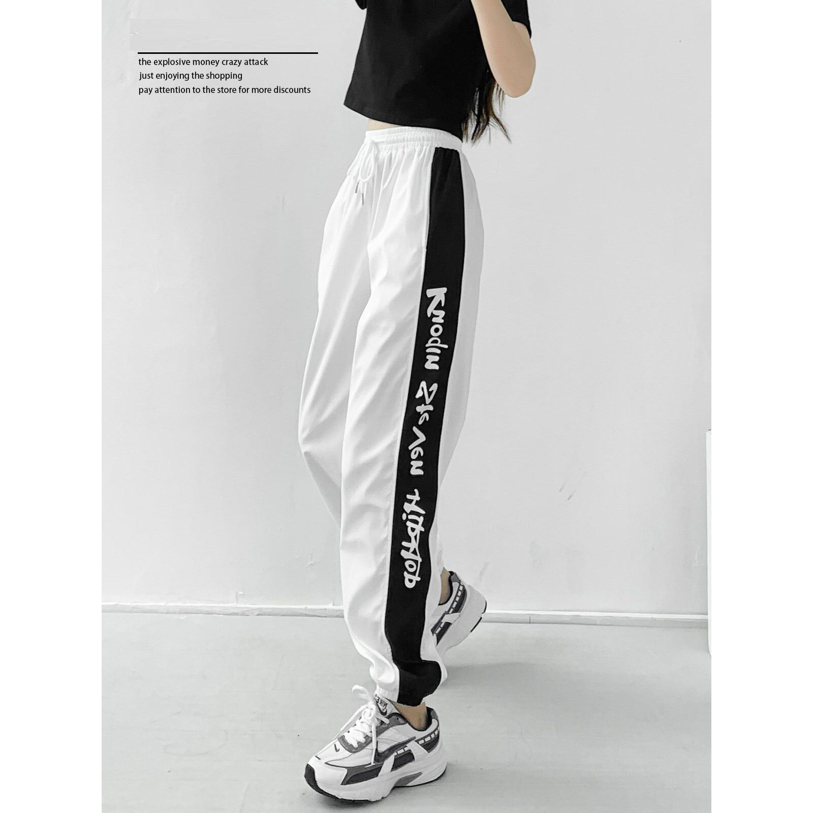 潮牌女夏高个子高腰显瘦速干休闲裤hiphop街舞白色束脚宽松运动裤