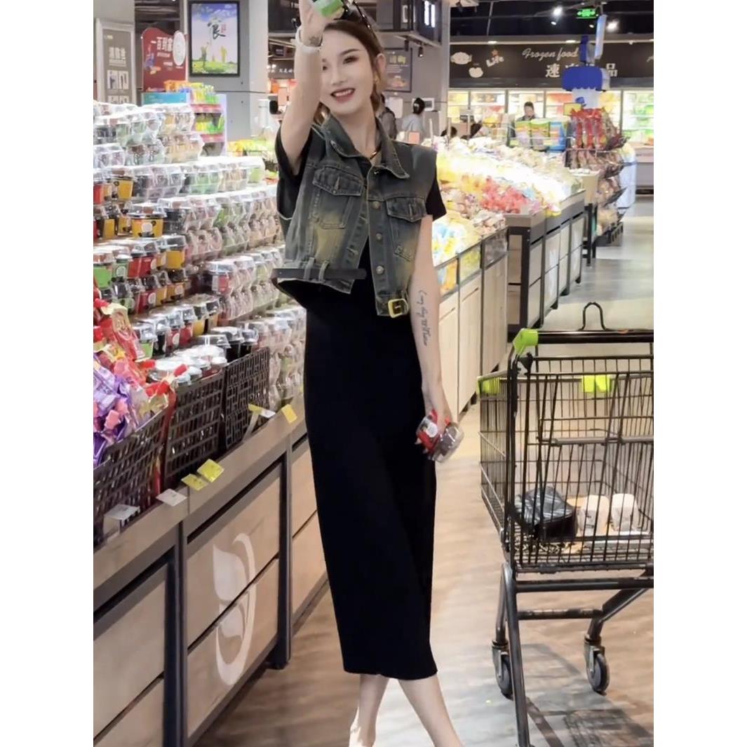 轻奢夏季新款女复古港风牛仔马甲外套中长款气质连衣裙裙子两件套