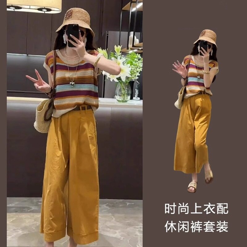 短袖上衣高腰显瘦阔腿九分裤
