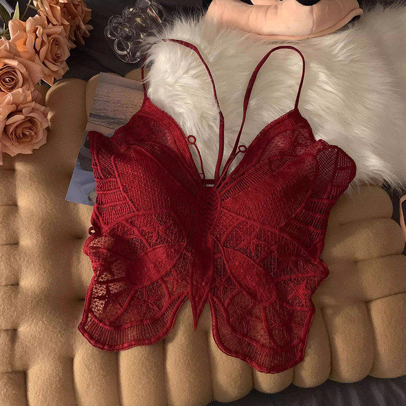 安可拉红色性感抹胸蝴蝶吊带背心女夏内搭美背文胸一体带胸垫上衣