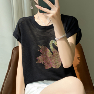 冰丝针织衫 轻奢竹节麻夏季 t恤女遮肚子显瘦圆领半袖 短袖 宽松大码