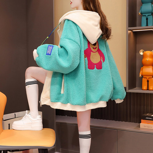 羔毛开衫宽松假两件连帽卫衣外套