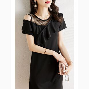 潮牌露肩连衣裙女士夏季 气质显瘦a字裙设计感网纱拼接连衣裙 新款