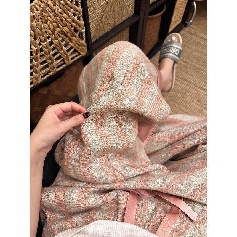 轻奢韩系简约条纹棉麻睡裤女夏季新款宽松家居大码休闲长裤可外穿