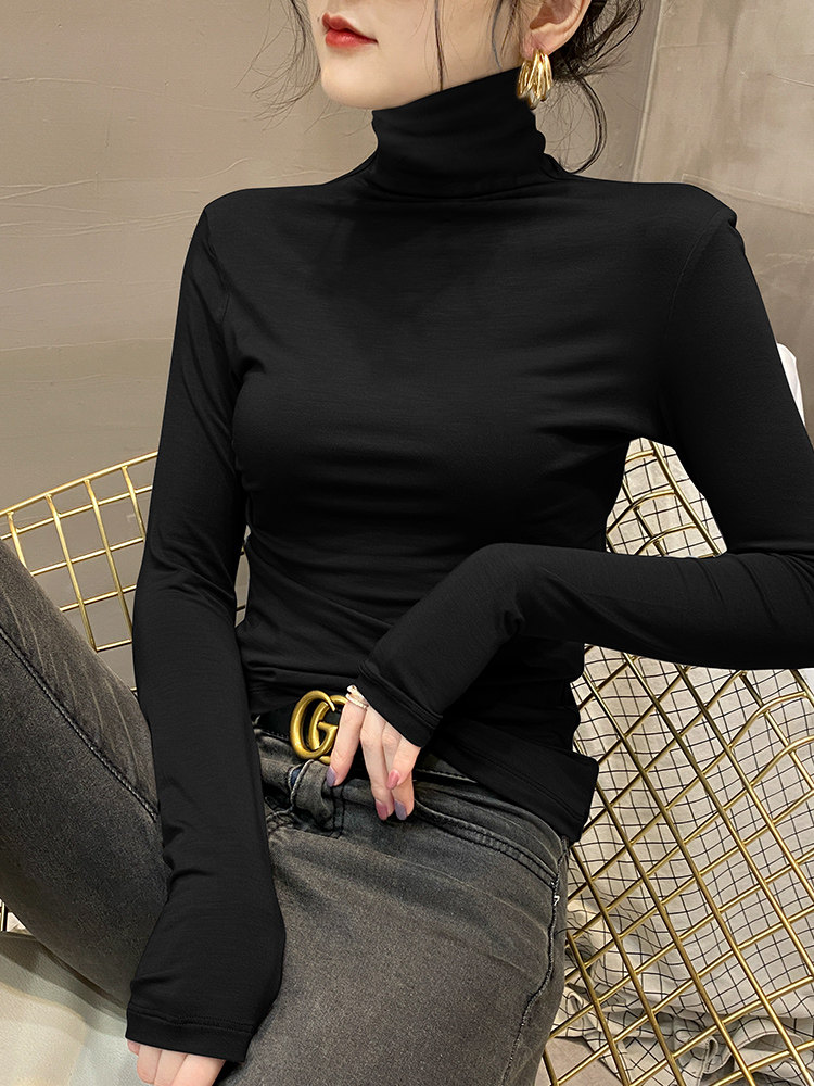 트렌디 브랜드 패션 봄 가을 겨울 내부 파일 칼라 긴팔 티셔츠 여성 신작 세련된 블랙 탑 터틀넥 바닥 셔츠