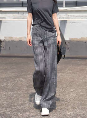 高级感夏季新款时尚高腰灰色条纹薄款长裤女窄版显瘦休闲直筒裤子