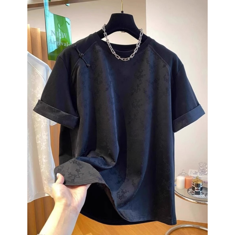 短袖显瘦缎面拼接棉质法式上衣