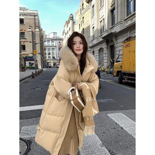 2025新款白鸭绒香榭颂羽绒服女冬季仿狐狸毛领中长款过膝外套宽松
