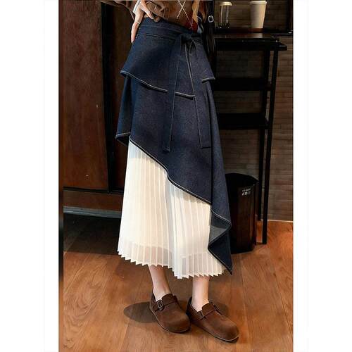 高级感潮流时尚设计感拼接不对称百褶减龄御姐风独特别致A字半裙