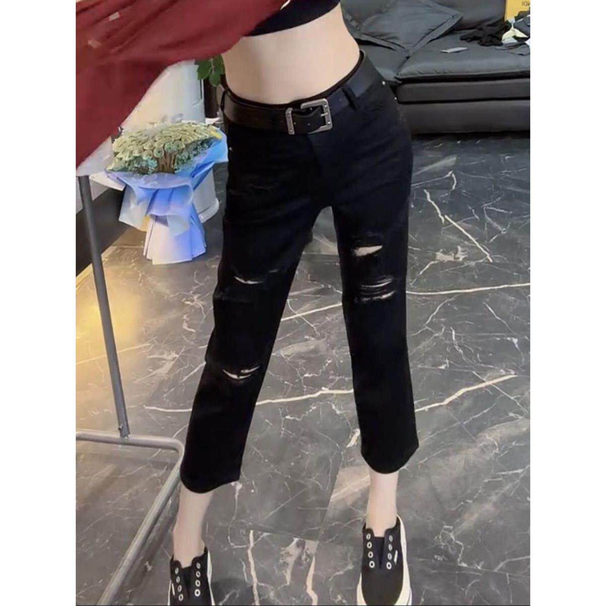 高级感梨形显瘦大码女装直筒烟管八分牛仔裤子女夏季新款薄款破洞