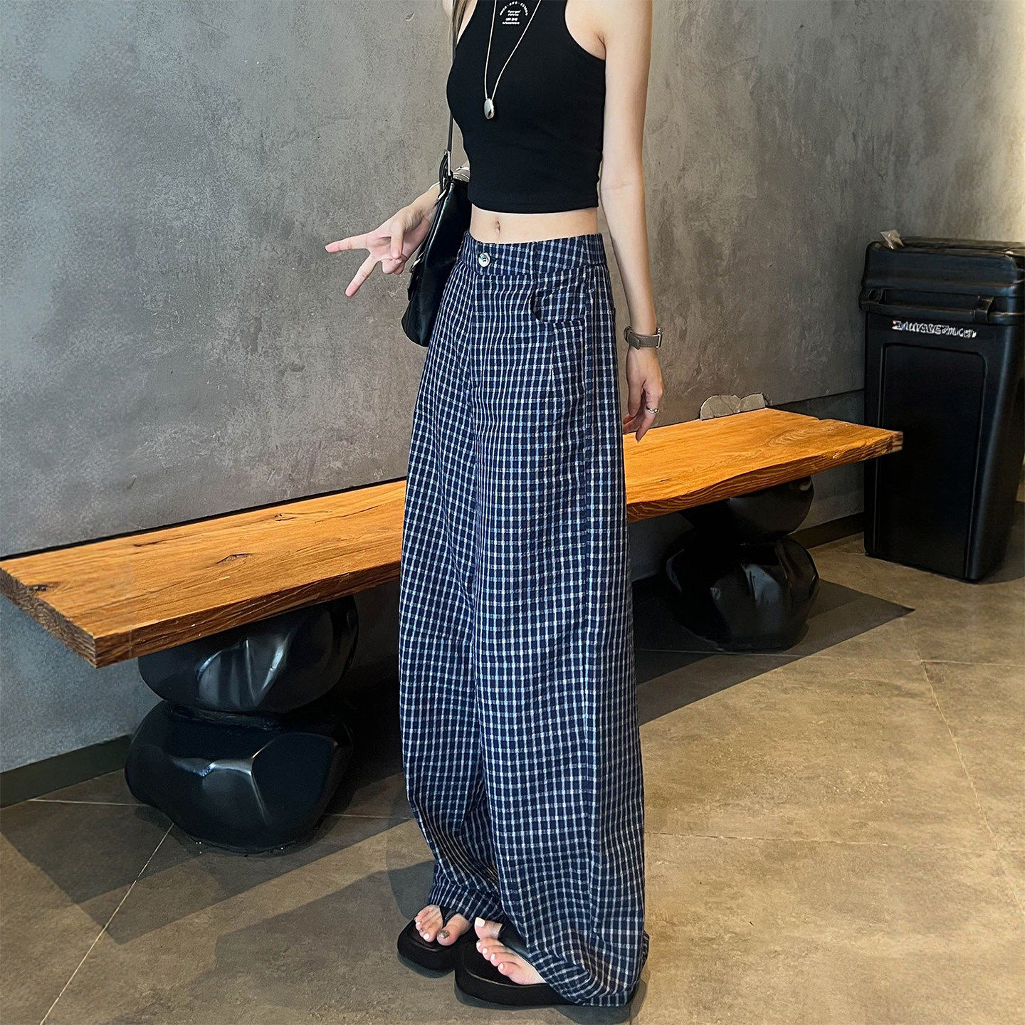 蓝色格子阔腿休闲裤女夏薄款大码胖mm宽松显瘦高腰直筒垂感拖地裤