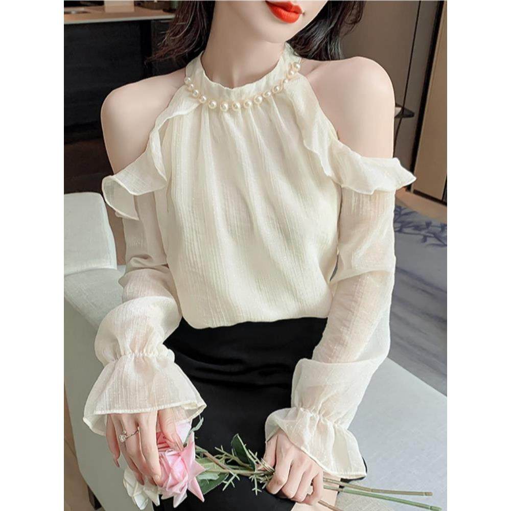 法式纯欲露肩雪纺衬衫喇叭袖设计感钉珠小衫夏秋长袖别致绝美上衣