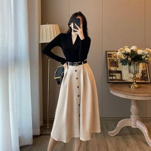 两件式套装女春装新款洋派时髦法式覆古打底丝绒洋装气质显瘦长裙